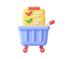 3D shopping basket icon with a checklist, representing a shopping list, grocery planning, or an organized in-store purchase. Isolated for retail concepts design. png