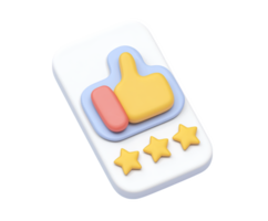 3D smartphone screen displaying a thumbs-up gesture and a three-star rating, representing mobile reviews, app feedback, or online customer satisfaction. Isolated. png
