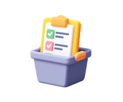 3D suggestion or ballot box icon with a checklist paper being inserted, symbolizing voting, survey participation, or feedback submission. Isolated for engagement. png