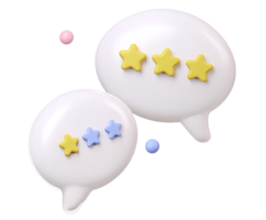Two 3D speech bubbles with different star ratings, one larger with three yellow stars, symbolizing comparative reviews or varied customer feedback. Isolated. png