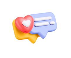 3D icon of two overlapping speech bubbles with a red heart, symbolizing a loving conversation, positive customer feedback, or an affectionate message. Isolated. png