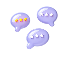 Set of three purple 3D speech bubbles showing varied star ratings 4, 3, and 2 stars, representing multiple customer reviews or comparative feedback. Isolated. png