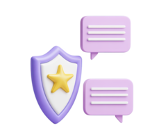 3D shield icon with a star, accompanied by speech bubbles, symbolizing secure communication, trusted feedback, or protected online discussions. Isolated for safety. png