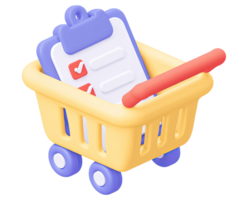 3D shopping cart icon containing a clipboard with a checklist, symbolizing a shopping list, order fulfillment, or an organized e-commerce purchase. Isolated graphic. png