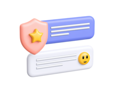 3D shield icon with a star and message bars one with a smiley emoji, representing secure messaging, trusted communication, or verified positive feedback. Isolated. png