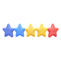 Five 3D rating stars, varied colors. Represent customer reviews, quality ranking, feedback, user satisfaction. Ideal for online platforms. Rendered, isolated. png