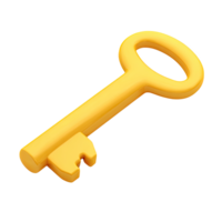 Yellow 3D key icon. Symbolizes access, solutions, opportunities, security. Ideal for unlocking potential, business success, or problem-solving. Rendered, isolated. png