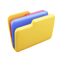 Yellow 3D folder with colorful documents. Represents files, organization, data management. Perfect for document storage or office workflow systems. Rendered, isolated. png