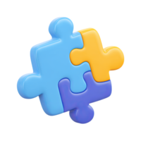 Blue and yellow 3D puzzle pieces. Symbolize solutions, problem-solving, teamwork. Ideal for strategy, connection, or integration concepts. Rendered visual, isolated. png