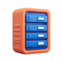 Orange and blue 3D server rack. Represents IT infrastructure, data servers, network storage. Perfect for technology or database administration themes. Rendered, isolated. png