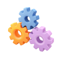 Colorful 3D gears cogs icon. Symbolizes teamwork, process, mechanism, system settings. Ideal for industry, engineering, or complex system concepts. Rendered, isolated. png