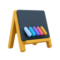 3D chalkboard easel with colorful chalk sticks. Symbolizes classroom teaching, lessons, learning, and traditional educational methods. Rendered visual, isolated for design. png