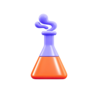 Purple 3D lab flask with bubbling orange liquid. Symbolizes chemical reactions, science experiments, active research, and dynamic learning in chemistry. Rendered, isolated. png