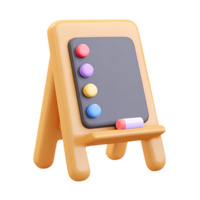 3D classroom easel with chalkboard and colored chalk dots. Represents interactive learning, teaching, school lessons, and educational presentations. Rendered, isolated. png