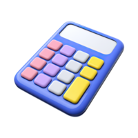 Purple and blue 3D calculator with yellow keys. Represents numerical computation, math education, problem-solving, and school supplies. Rendered visual, isolated asset. png