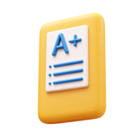 Yellow 3D report card or test result showing an A grade. Symbolizes academic excellence, successful learning, high achievement in education. Rendered visual, isolated. png