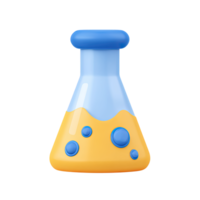 Yellow 3D laboratory flask with blue top and bubbling orange liquid. Symbolizes dynamic chemistry experiments, science education, and active lab research. Rendered, isolated. png