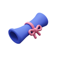 Blue 3D diploma scroll tied with a pink ribbon. Symbolizes graduation, academic certification, educational achievement, and successful completion of studies. Rendered, isolated. png