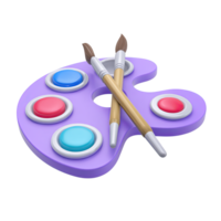 Purple 3D art palette with brushes and paints. Symbolizes creativity, art education, painting classes, and artistic skill development. Rendered and isolated. png