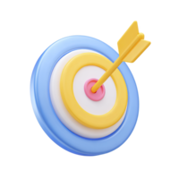Blue and yellow 3D target with arrow in bullseye. Symbolizes goals, achievement, precision in education, and success. Rendered and isolated for concepts. png