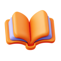 Orange 3D open book icon. Symbolizes reading, learning, knowledge, education, storytelling, and research in schools or libraries. Rendered and isolated design. png