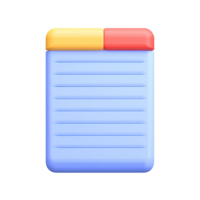 Blue 3D notepad with yellow binding. Represents note-taking, writing, studying, education, and classroom learning. Rendered and isolated for versatile use. png