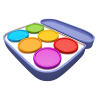 Colorful 3D watercolor paint palette, open case. Represents artistic learning, creativity, school art projects, and painting. Rendered and isolated for design. png