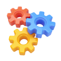 Colorful 3D gears or cogs icon. Represents problem-solving, mechanics, engineering education, teamwork, and process thinking. Rendered and isolated graphic. png