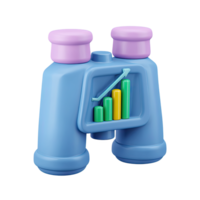 Blue 3D binoculars showing an internal bar chart. Represents market analysis, financial observation, data-driven foresight, or trend research. Rendered, isolated. png
