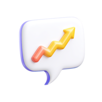 White 3D speech bubble, orange upward zig-zag arrow. Signifies volatile market discussions, trending news, or fluctuating public opinion. For comms. Rendered, isolated. png
