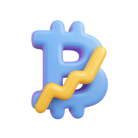 Blue 3D Bitcoin symbol with a yellow upward trending arrow. Symbolizes cryptocurrency growth, market value increase, and positive financial forecast. Rendered, isolated. png