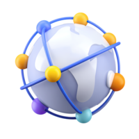 White and blue 3D globe with colorful connection points. Symbolizes global market integration, worldwide network trends, or international data exchange. Rendered, isolated. png