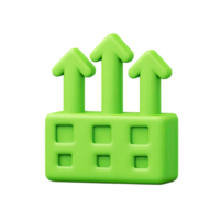 Green 3D factory-like structure with multiple upward arrows. Symbolizes collective industrial growth, increased output, and strong market demand. Rendered, isolated. png