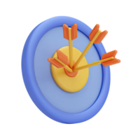 Blue 3D target with orange arrows hitting center. Symbolizes successful market targeting, achieving key objectives, precision in trends, or focused goals. Rendered, isolated. png