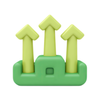 Three green 3D upward arrows from a base. Represents simultaneous growth, multiple positive market trends, or increasing parallel factors. Rendered, isolated. png