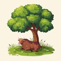 Bull Resting Under a Tree on Grassy Hillside Cartoon Illustration vector
