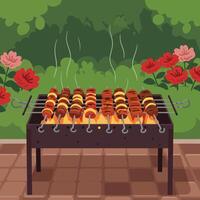 Grilling Skewers with Meat and Vegetables on Charcoal Barbecue Outdoors vector