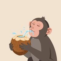 Monkey Enjoying Refreshing Coconut Drink with Straw on Light Background vector