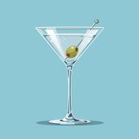 Classic Glass with Clear Liquid and Olive Skewer on Blue vector