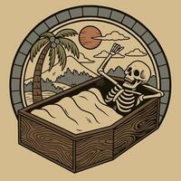 Skeleton Relaxing in Coffin with Tropical Scenery Design Illustration vector