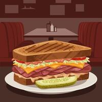 Delicious Deli Sandwich with Pickle on Plate in Restaurant Scene vector