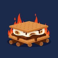 Creating S'more by Campfire with Melting Chocolate and Toasted Marshmallow vector