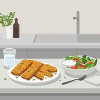 Serving Tempeh and Salad on Kitchen Counter for a Healthy Meal vector