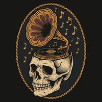 Skull with Phonograph and Musical Notes in Vintage Style Frame vector