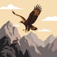 Eagle Hunting Rabbit Over Mountains with Clouds in the Sky vector