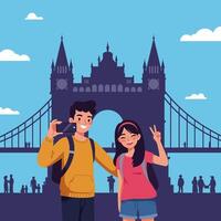 Tourists Taking Photo in Front of City Building with Sky vector