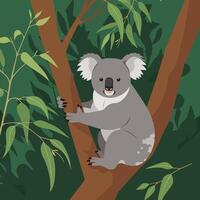Koala Resting in Tree Graphic with Green Leafy Background vector