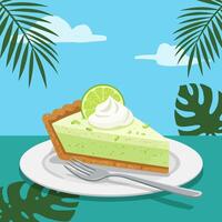 Serving Slice of Key Lime Pie with Topping and Tropical Scene vector