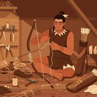 Man Making Bow and Arrow Crafts with Tools in Workshop vector