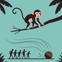 Monkey on Branch Throws Coconut Down to People Below Illustration vector